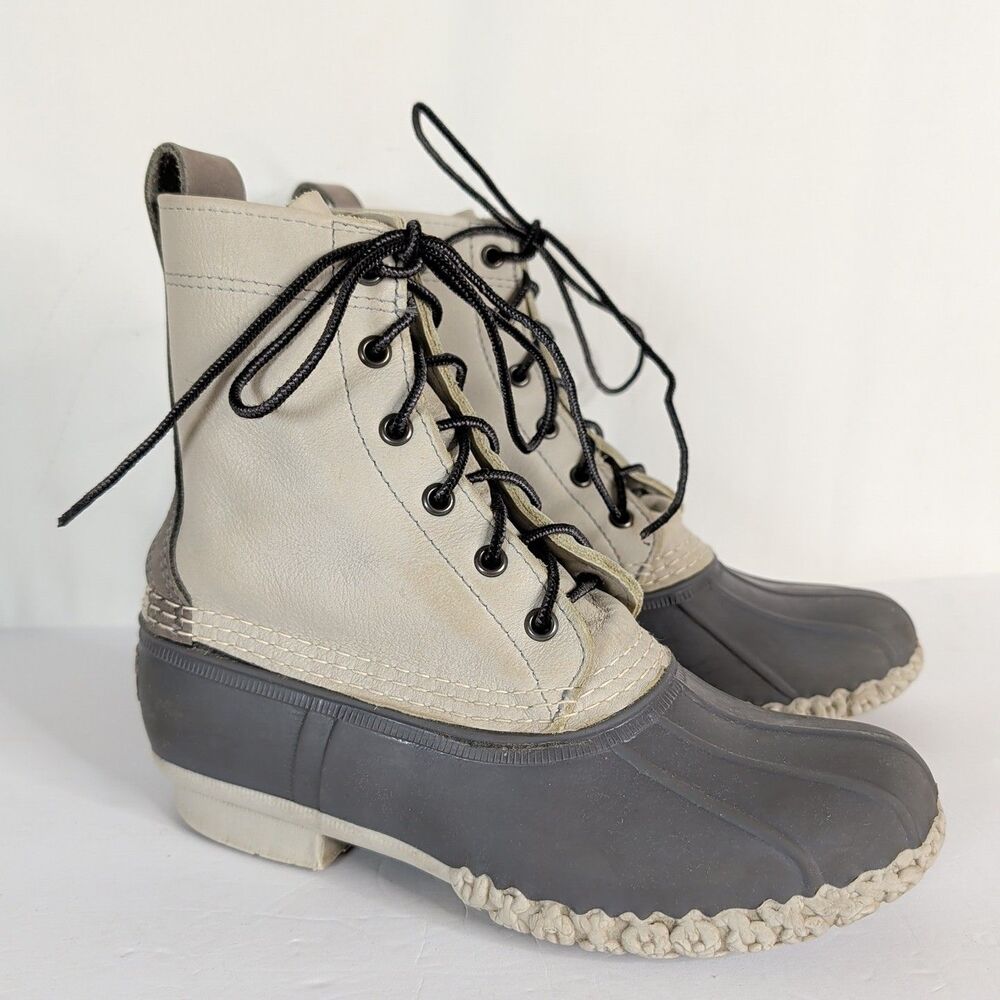 LL Bean Gray Bean Boot Duck Women Size 7 Leather Rubber Lace Up Ankle